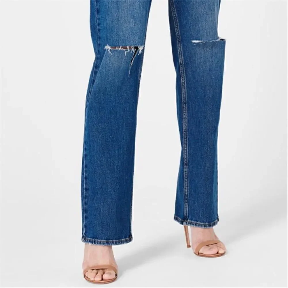 Good American Good 90s Icon Ripped Straight Leg High Rise Stretch Denim Jeans - Picture 8 of 16